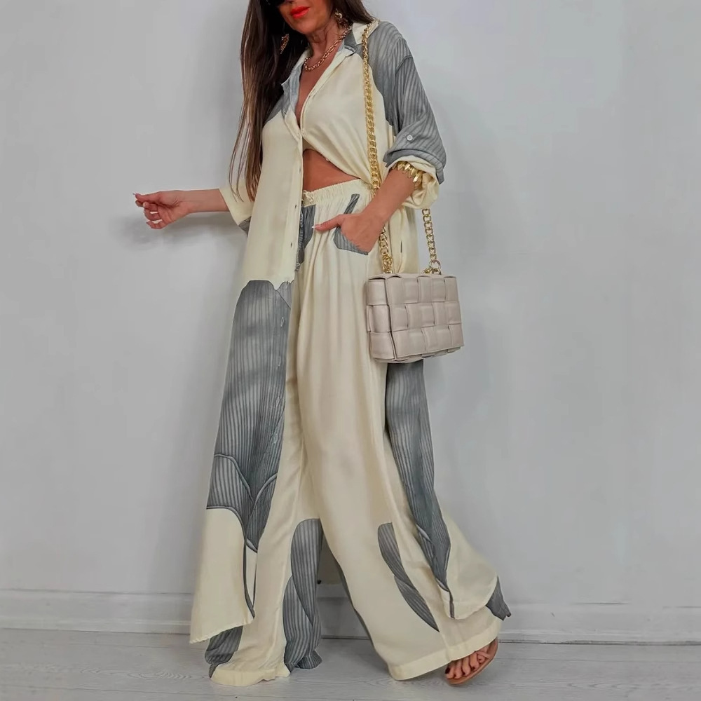 Wide Leg Palazzo Pants - Elegant Lady Set Printed Long Shirt