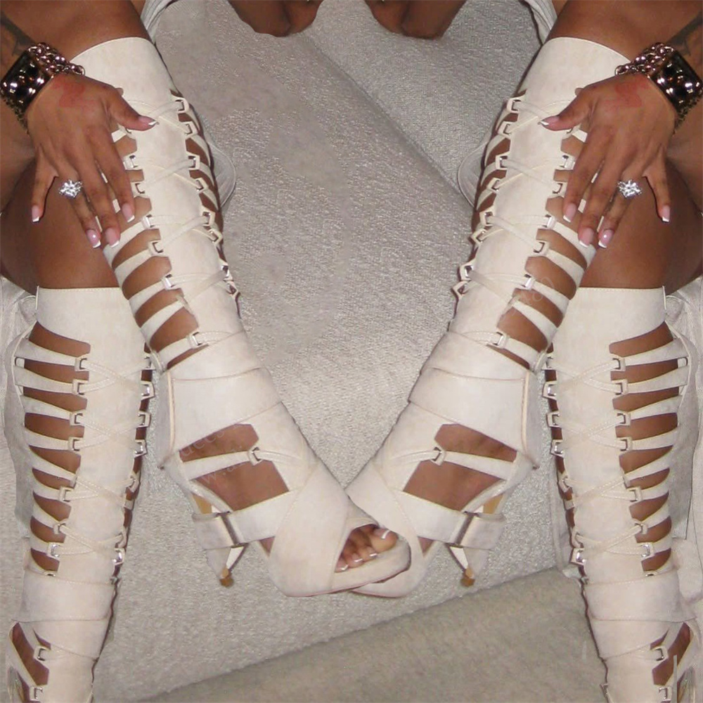 Women'S Fashion Boots - Gladiator Hollow Belt Buckle Knee High