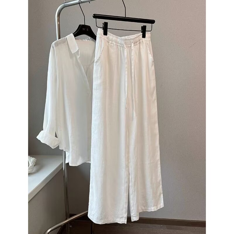 Wide Leg Palazzo Pants - Korean White Cotton Linen Wide Leg