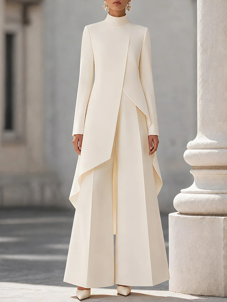 Wide Leg Palazzo Pants - Women Two Piece Outfit Mock Neck