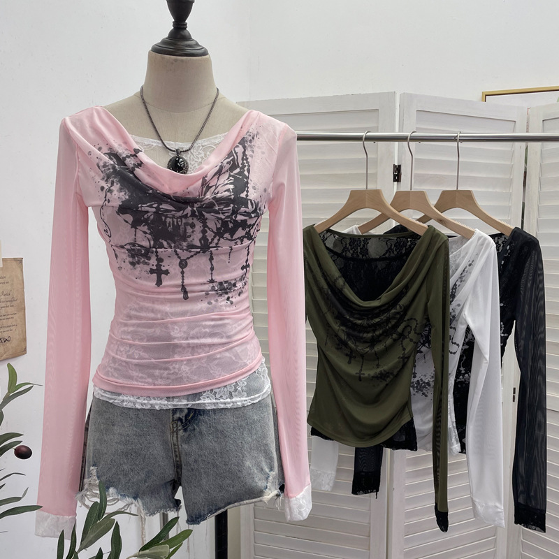 Tie Dye Two Piece - Women Casual Lace Splicing Mesh Long-sleeved