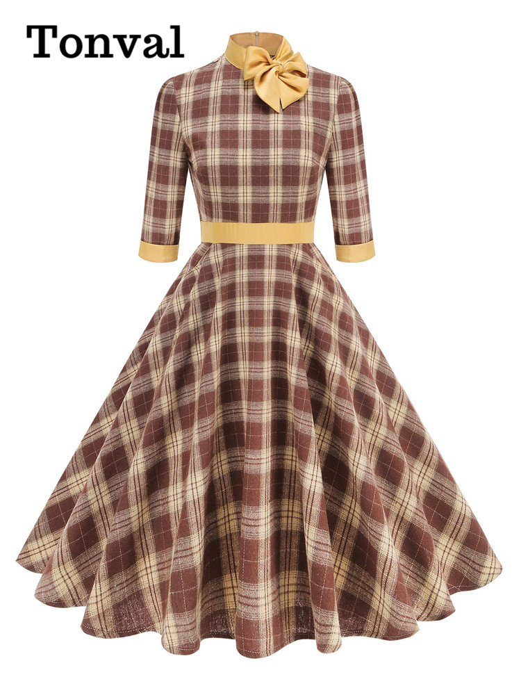 Tonval Mock Neck Bowknot Plaid - Women'S Fashion Of The 50S 评论和价格