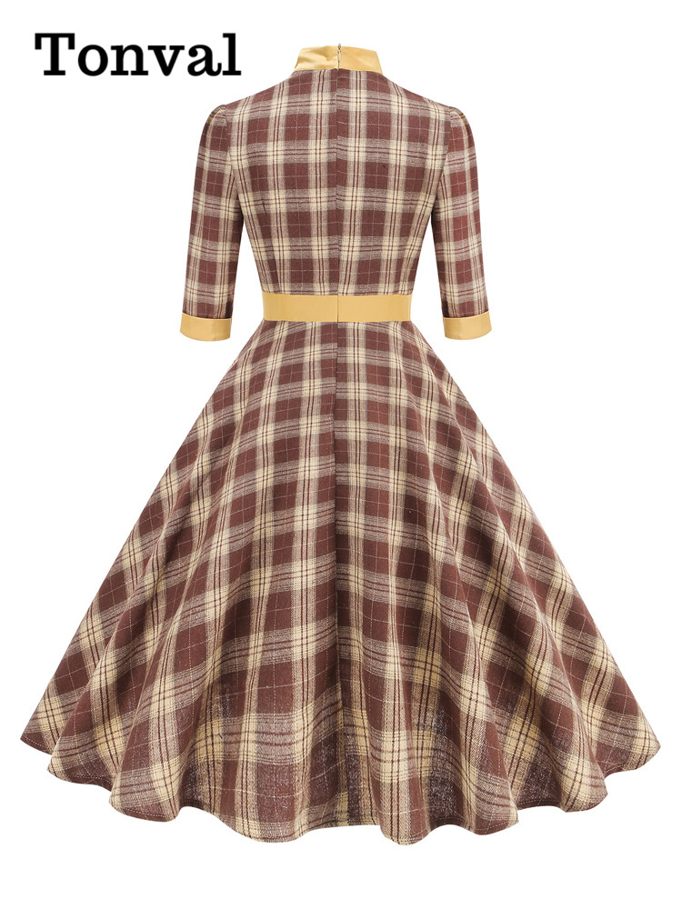 Tonval Mock Neck Bowknot Plaid - Women'S Fashion Of The 50S 评论和价格