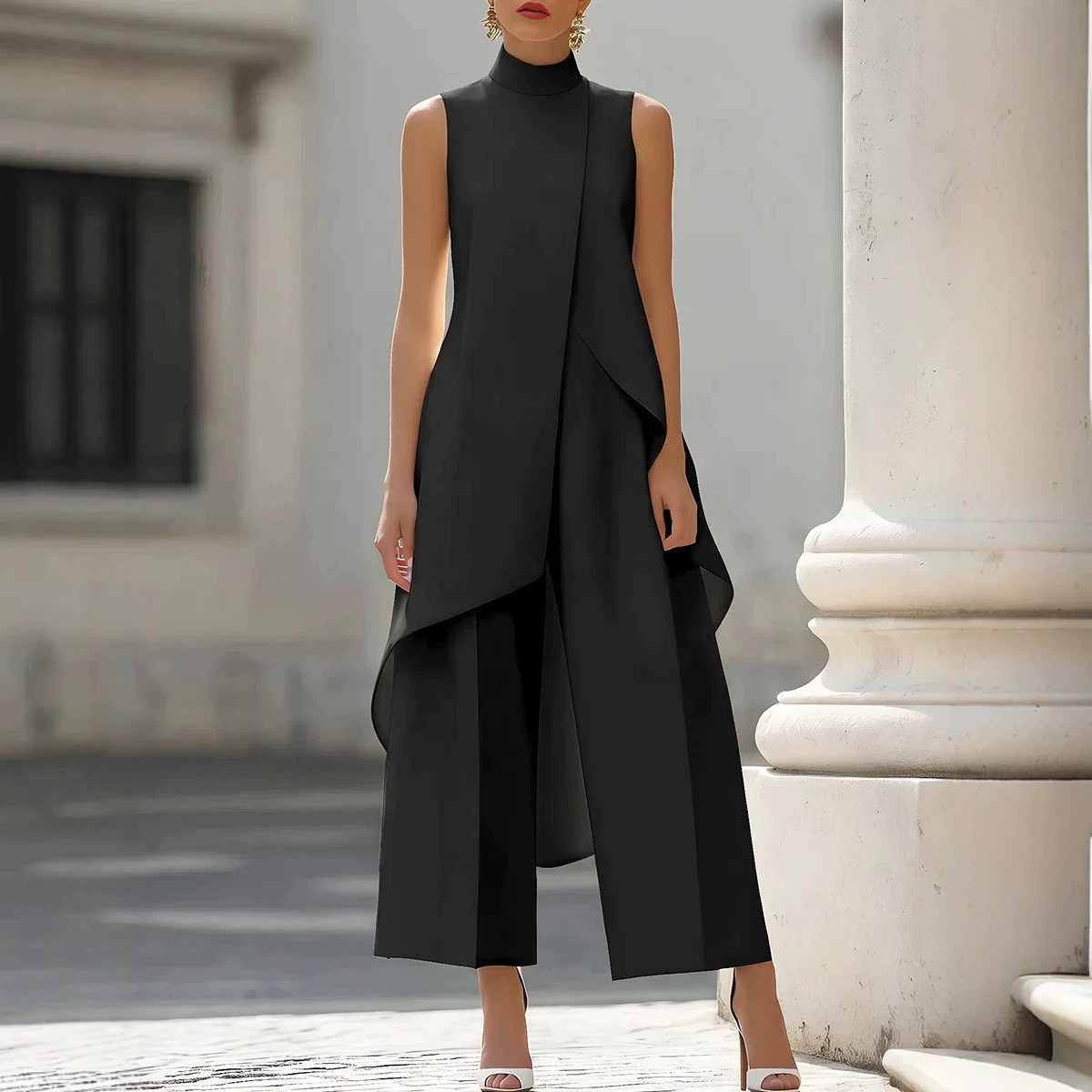 Women Stand Neck Sleeveless La - Wide Leg Palazzo Pants 评论和价格