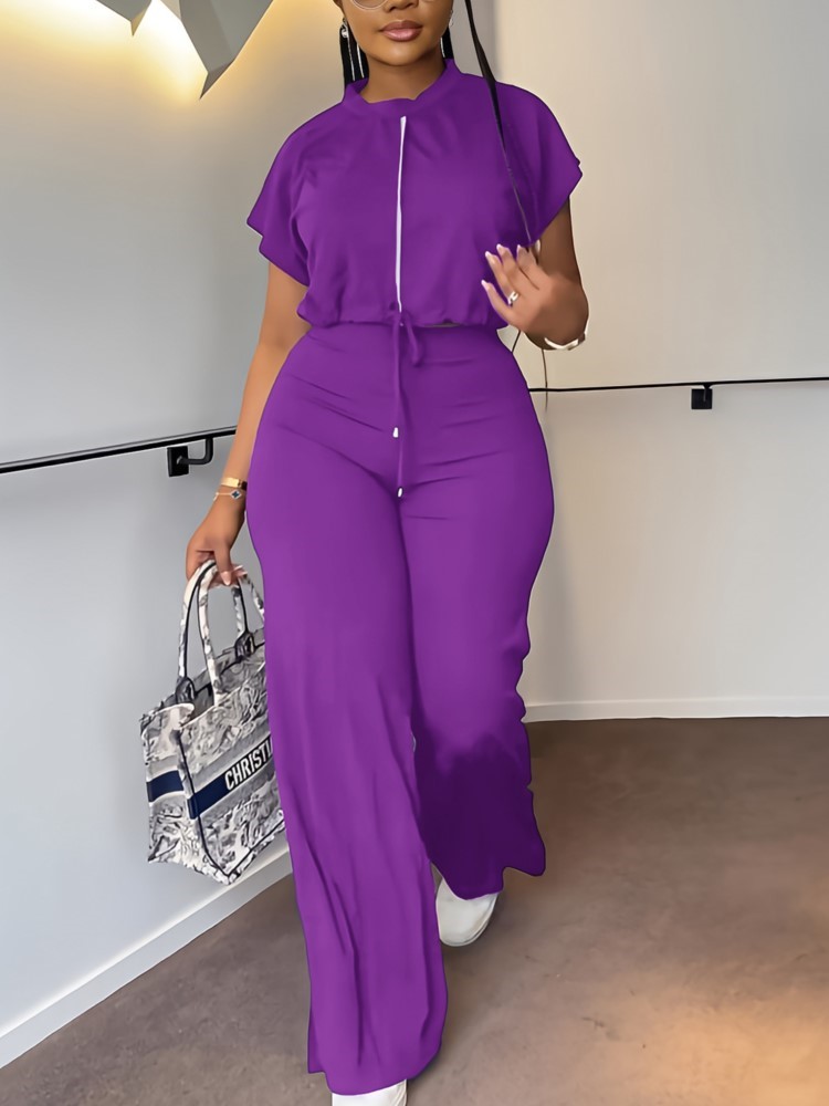 Women Casual Round Neck Drawst - Wide Leg Palazzo Pants 评论和价格