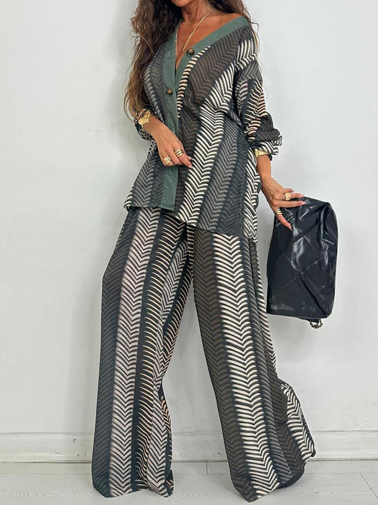 New Chic V Neck Long Sleeve Pr - Wide Leg Palazzo Pants 评论和价格