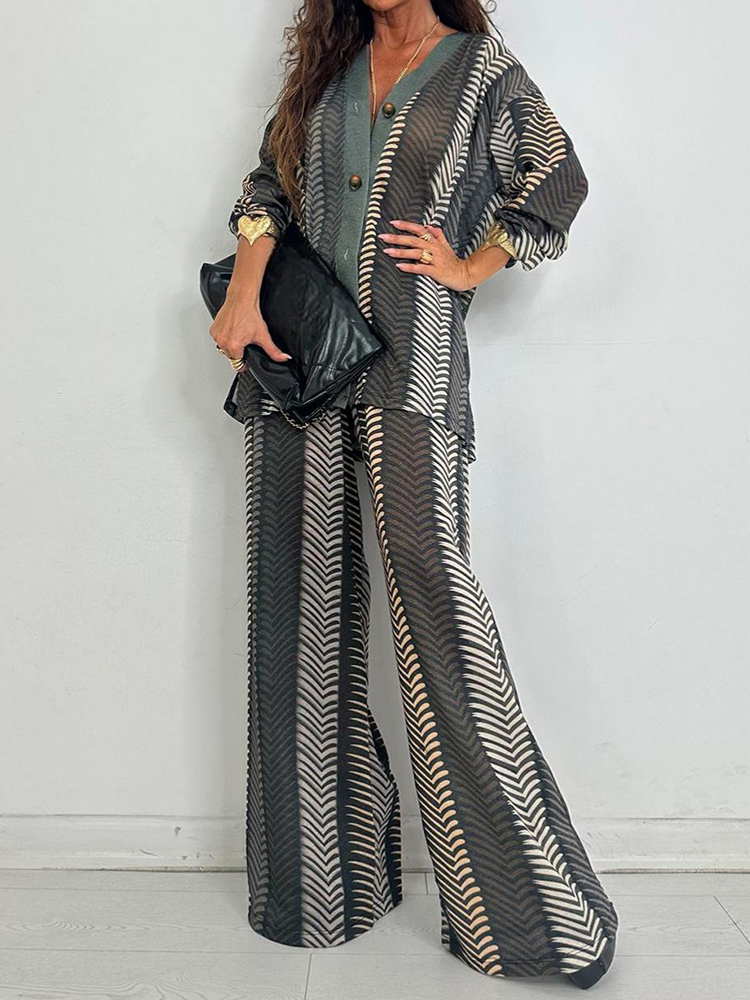 New Chic V Neck Long Sleeve Pr - Wide Leg Palazzo Pants 评论和价格