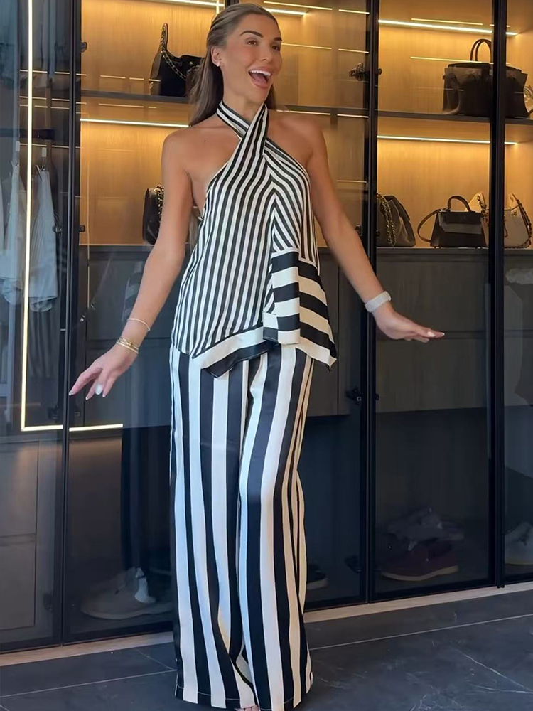 TFMLN 2026 Women's Stripe Halt - Wide Leg Palazzo Pants 评论和价格